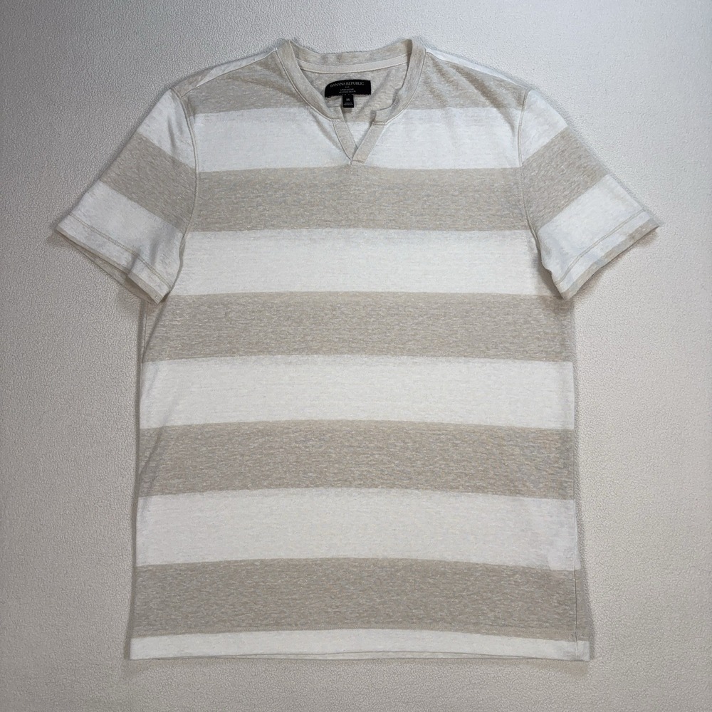 Banana Republic Linen Blend Notch Neck T-Shirt Men's M Khaki White Stripe 579371